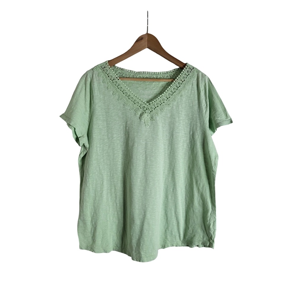 Talbots Plus Sage Green Crochet Lace Slub Cotton Tee Shirt 1X Cottagecore Boho